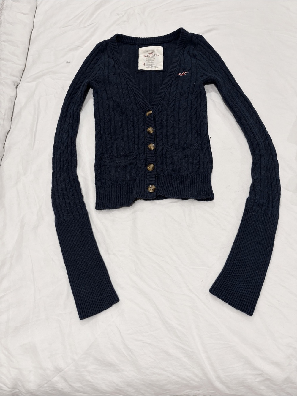 Y2K Hollister Navy Cable Knit Rabbit Hair Babydoll Cardigan, Medium
